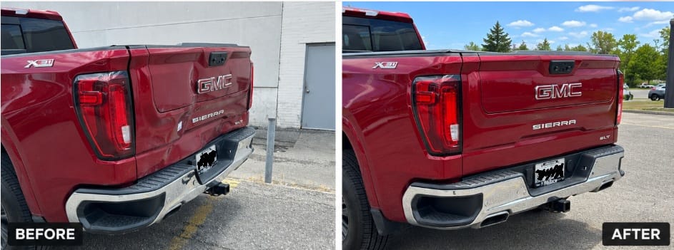 Before and after: GMC Sierra tailgate and rear bumper dent repair at Chipmaster Markham