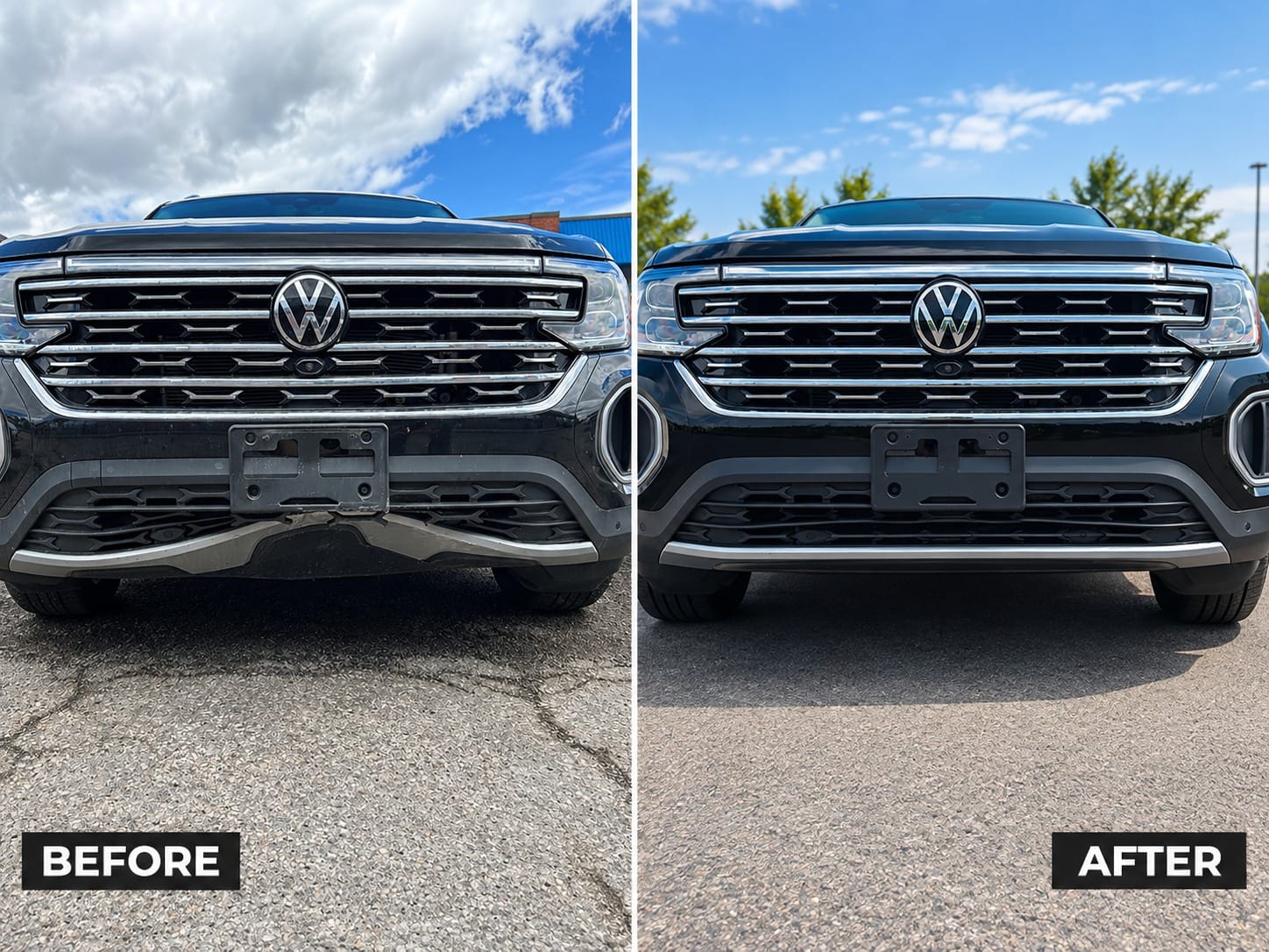 Before and after: Volkswagen SUV front lower bumper trim repair at Chipmaster Markham